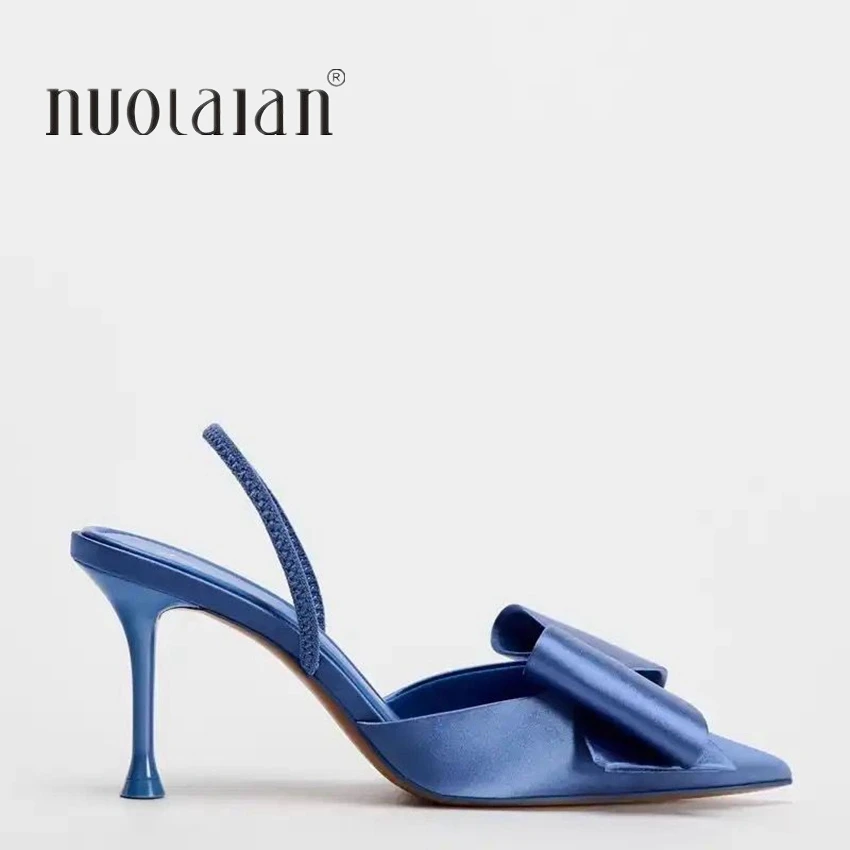 Fashion Bow knot High Heels Sandals Women 2024 Summer Slingback Pumps Vintage Satin Pointed Toe Heeled Elegant Party Lady Shoes