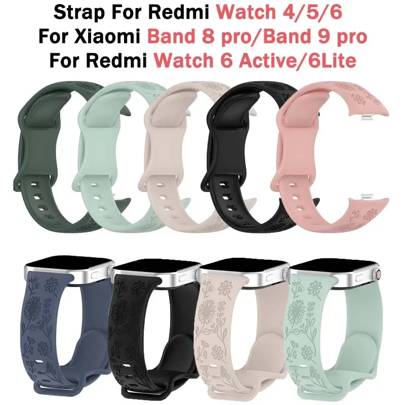 3D Carved Flower Silicone Strap for Mi Band 8 Pro/9Pro Sports Waterproof  WristBand for Redmi Watch 4 5 6/6Active/6Lite Bracelet