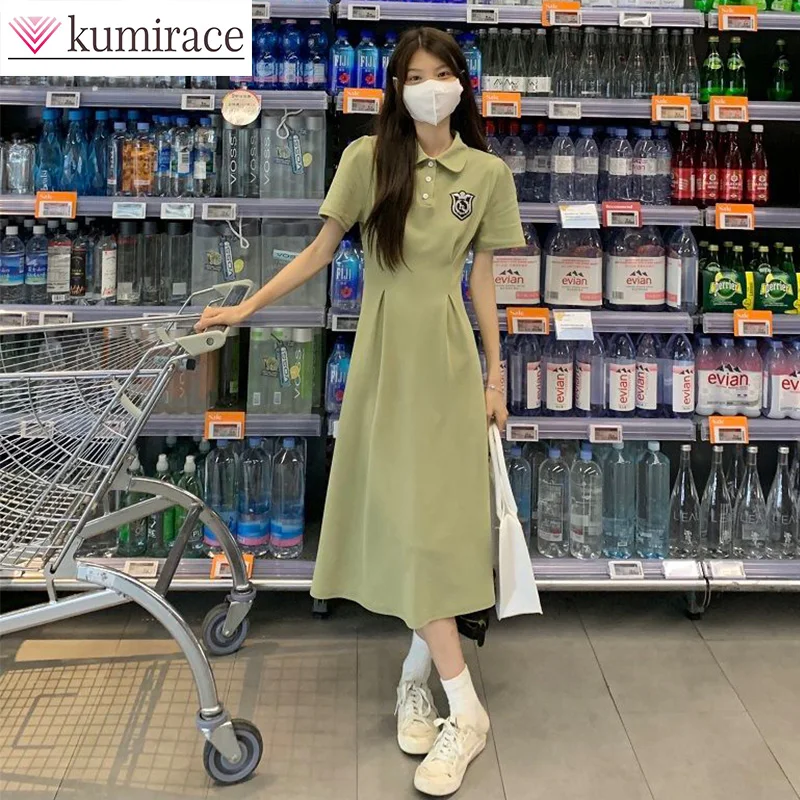 

Summer Oversized Long College Style POLO Collar A-line Skirt Women's Fashionable Waist Pulling Dress Women Clothingparty Dresses