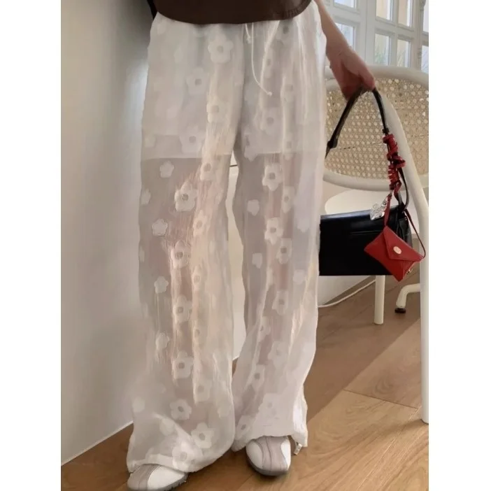 

Летние женские брюки-палаццо с вышивкой в четыре цвета, плиссированные, с эластичным поясом, длинные, в корейском стиле