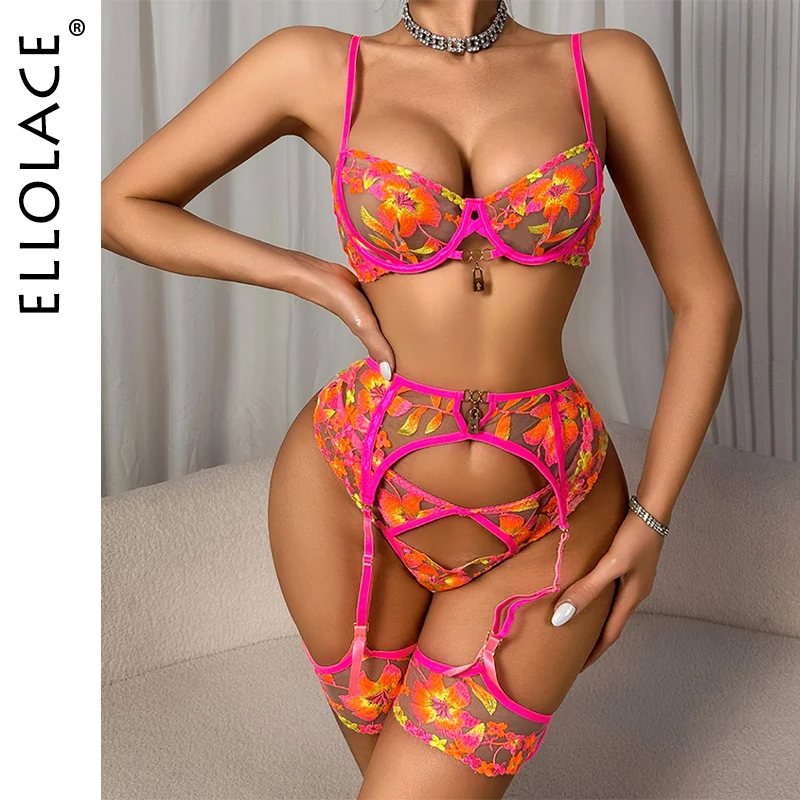 

Ellolace Beautiful Lingeries Sexy Hot Bright Floral Bra 3PC with Leg Circles Exotic Lock Decor Fluorescent Orange Underwear