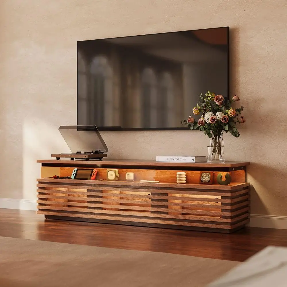 71'' Fully Assembled TV Stand with Adjustable LED Lights, Walnut