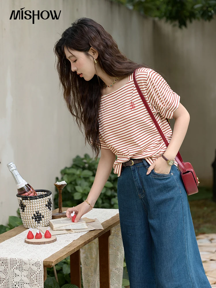 MISHOW Red White Striped T-shirt for Women Summer 2024 Embroidered Short Sleeved Top Female Square Neck Knitted Tees MXD29T0338