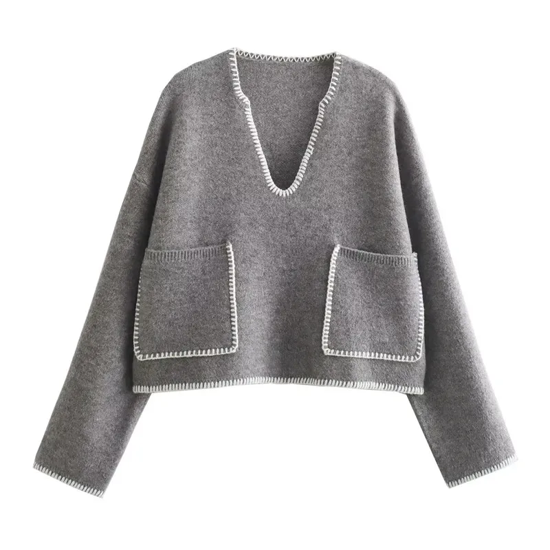 TRAF Grey Cropped Sweaters For Women Autumn Winter Knitted Sweater Woman Long Sleeve V Neck Knit Top Pullover Short Sweaters