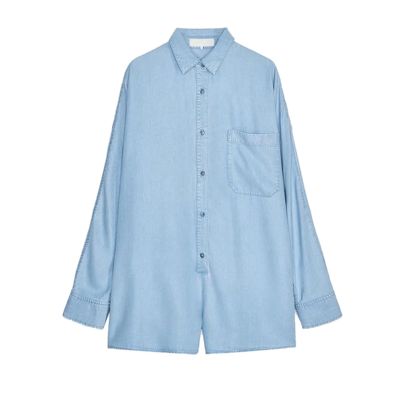 Spring Summer New Women's Pleated Decorative Collar Long Sve ort Denim Overall Pants High Waist Straight Leg Commute Sle