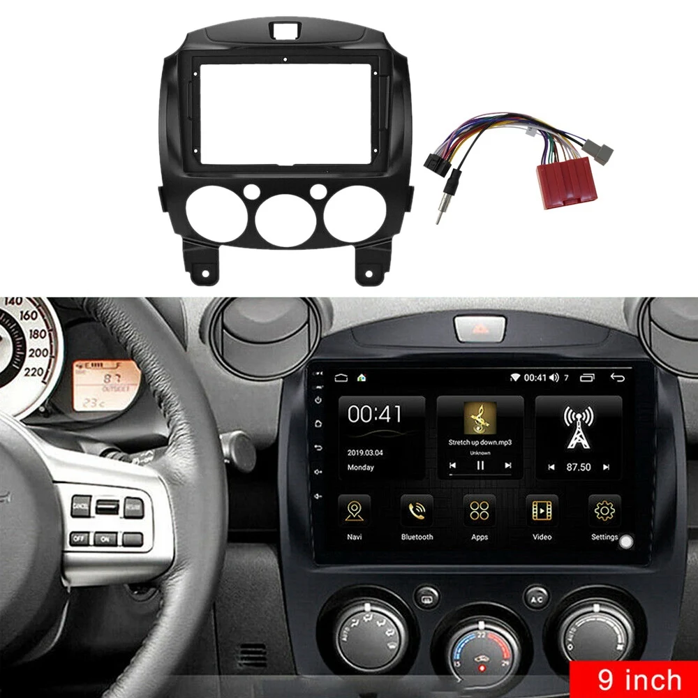 9 Inch 2DIN Car Dashboard Frame DVD Navigation Panel Frame Radio Audio Panel with Harness for 2 Demio