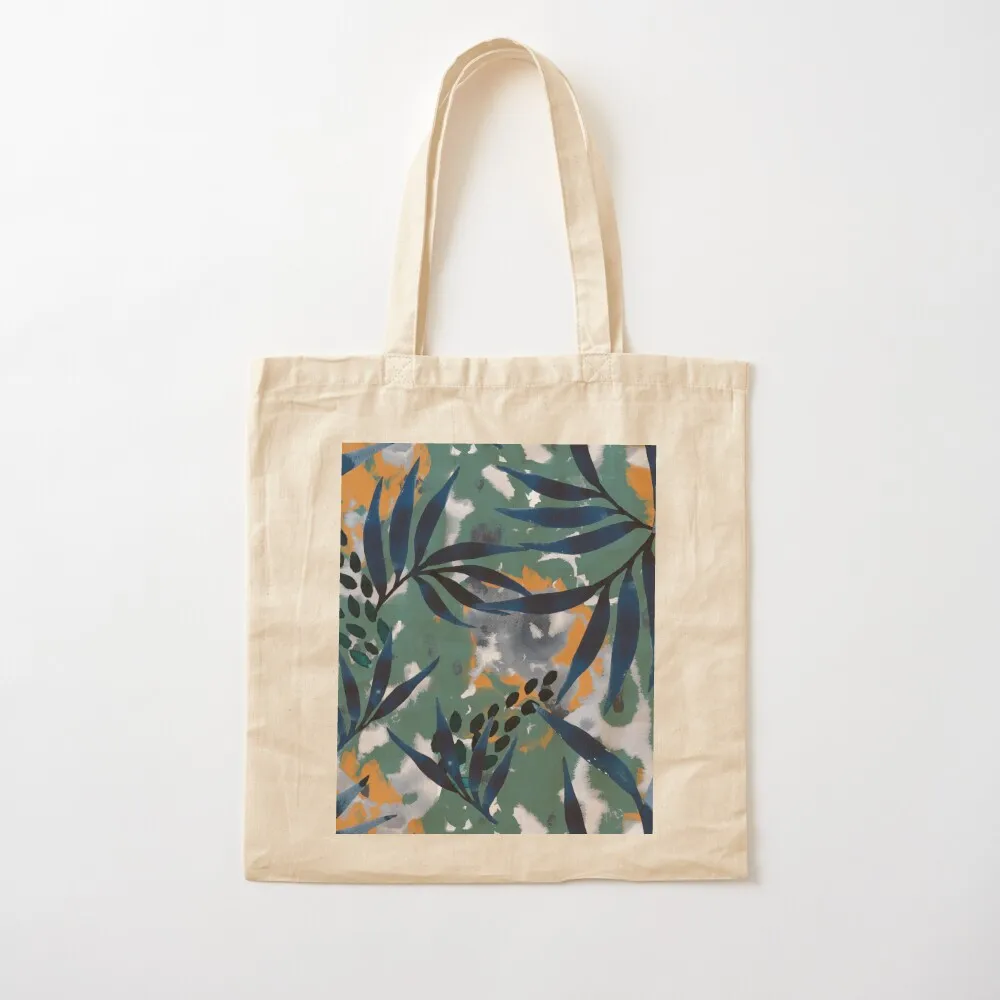 

Indigo leaf pattern on green and orange background with blue flowers Tote Bag bag for beach Canvas Tote Bag