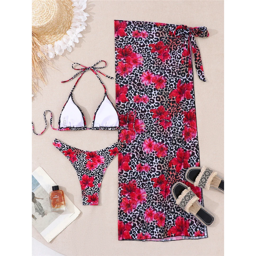 Mit Sarong Leopard Blumenmuster Bikini Damen Badeanzug Frauen Bademode Dreiteiliges Bikini-Set Badebekleidung Badeanzug Schwimmen V8194 – Detail 7