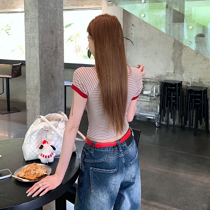 

Модная полосатая футболка в стиле ретро с круглым вырезом и коротким рукавом, тонкая футболка, летний женский укороченный топ