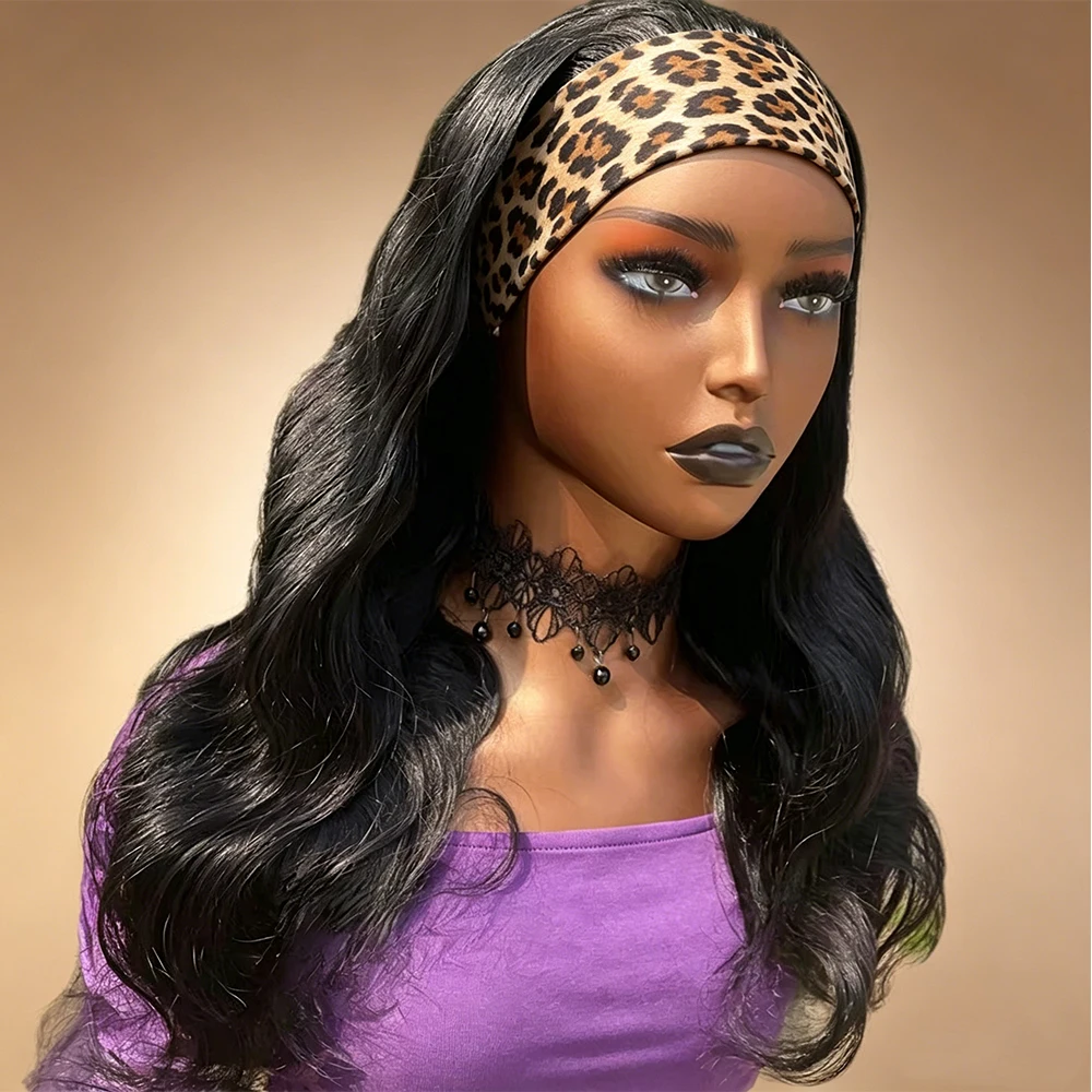 Brasilianische Echthaar-Body-Wave-Stirnbandperücken 180% ohne Spitze, kleberlose Perücken, Remy Naturhaar, schwarz, maschinell gefertigte Stirnbandperücken für Damen