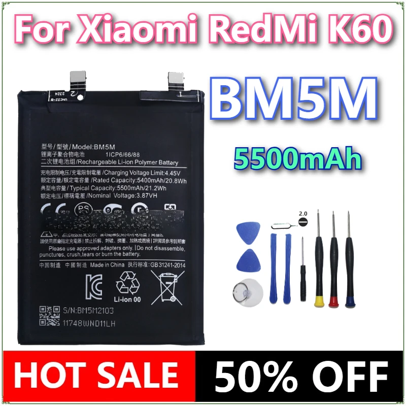 

Brand New BM5M Mobile PhoneBattery 5500mAh For Xiaomi RedMi K60 Phone Batteries +Tools