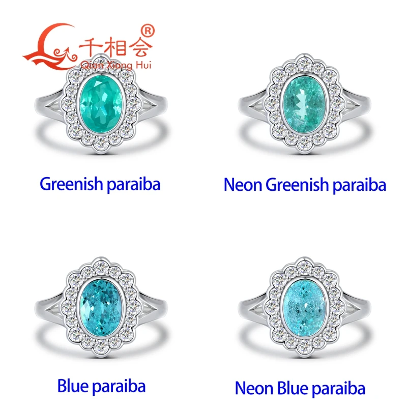 Lab Grown Oval Paraiba Tourmaline Halo Ring 6*8mm, S925 Silver with Moissanite Accents, Neon Blue Green Paraiba Jewelry view 3