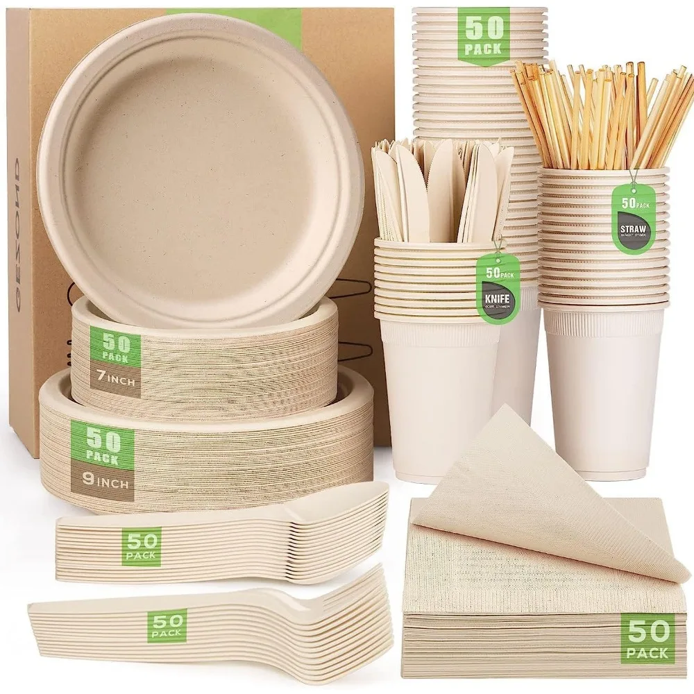 

400pcs Eco-Friendly Compostable Paper Plates Set with Cutlery, Cups, Straws for Wedding Party