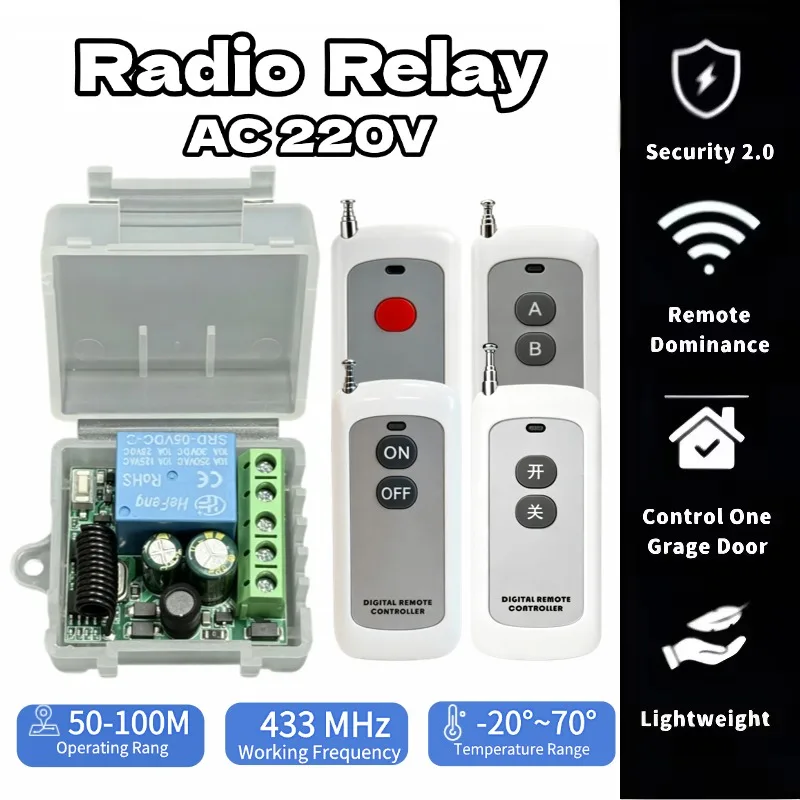 AC 220V 433MHz RF 1-Channel Wireless Relay Receiver Garage Door Transmitter Remote Control Switch