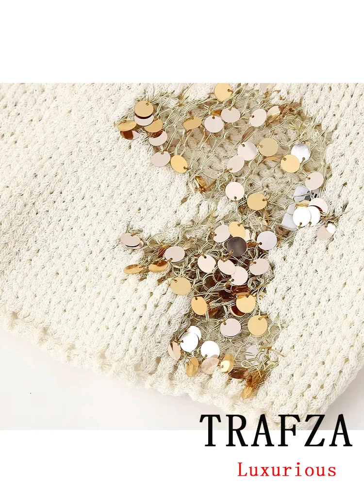 TRAFZA Vintage Casual Chic Women Vest con scollo a v con paillettes senza maniche gilet dritto lavorato a maglia New Fashion 2024 Summer Holiday Top