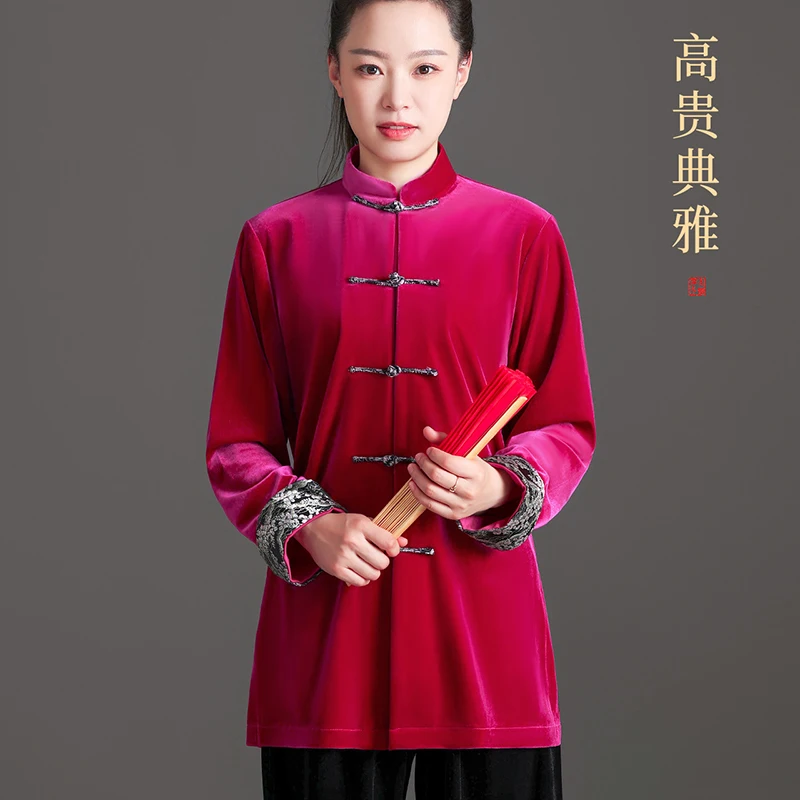 Women's New Chinese Style Upgraded Autumn/Winter Tai Chi Uniform - Satin Velvet with Contrast Color Matching for Tai Chi Practic