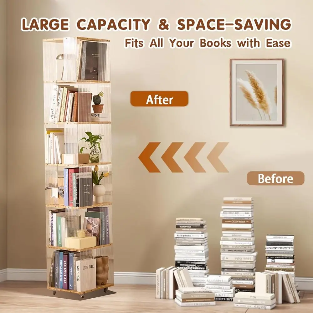 360 °   回転式アクリル本棚 - 子供、家庭、オフィス用の6段の背の高い狭い収納棚