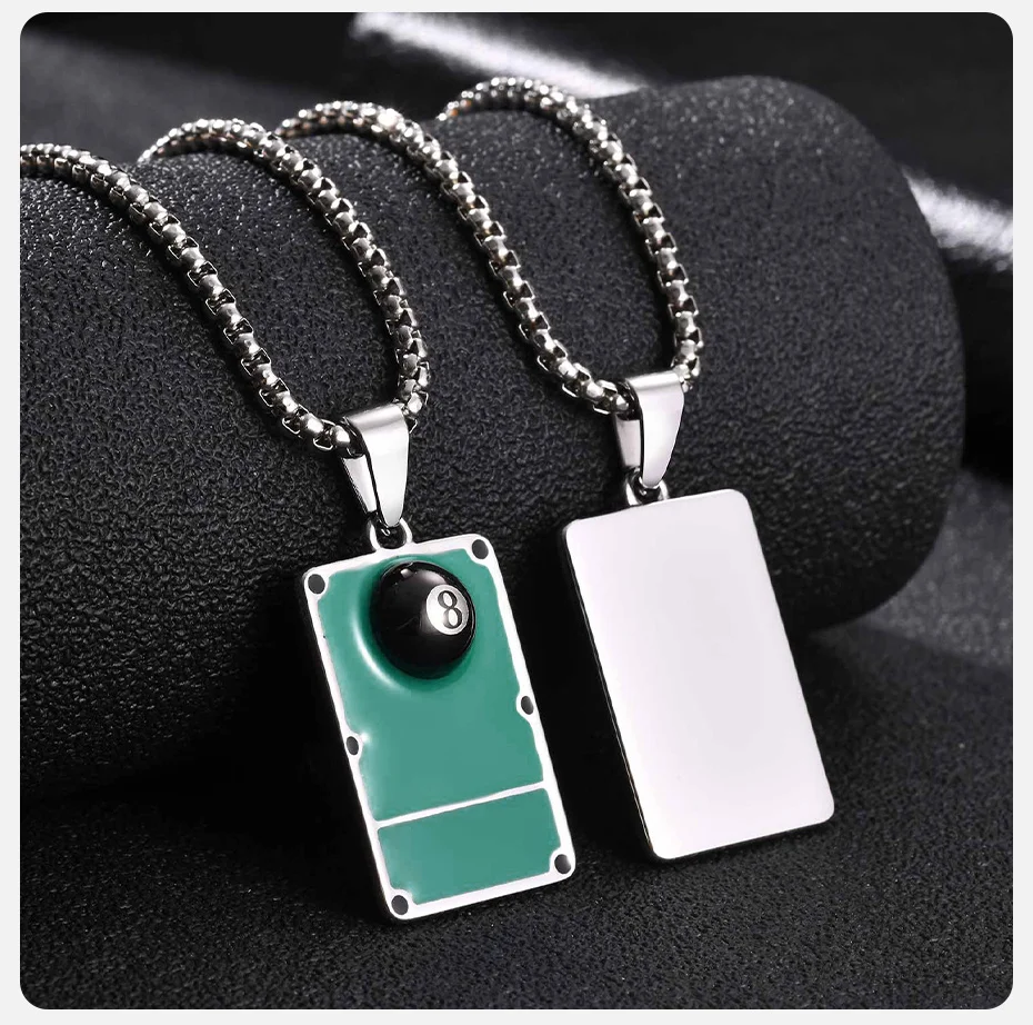 Vnox Edelstahl Billard 8-Ball Anhänger Halskette für Männer, Grüner Billardtisch Quadratischer Anhänger mit Kette Hip-Hop Sport Schmuck Geschenk – Detail 6