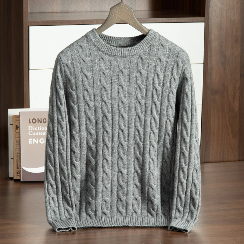 2024 Autumn/Winter New Collection (100% Cashmere) Men's Five Needle Thickened Twisted Flower Round Neck Versatile Temperament Me