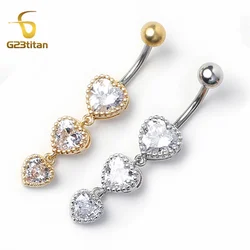 G23titan Zircon Heart Dangle Belly Button Rings 14G Allergy-free Titanium Steel Curved Barbell Women Sexy Navel Piercing Jewelry