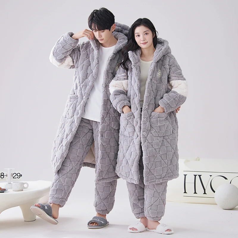 

Newest Couple Robe Winter 3 Layer Clip Cotton Pyjamas Long Bathrobe+Pant Home Clothing Thick Warm Men and Women Hooded Pijamas