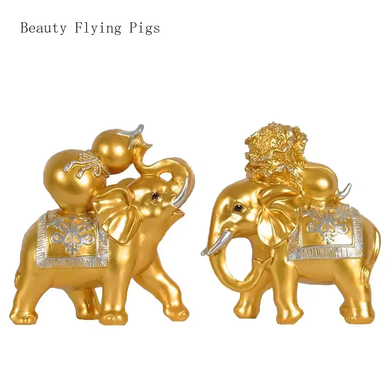 

1 pair of golden elephant resin ornaments housewarming gift home office living room desktop wine cabinet decoration