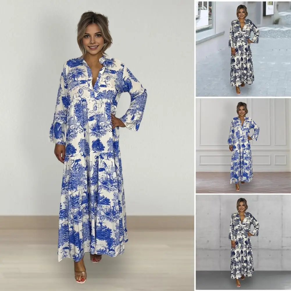 Loose Fit Dress Elegant Floral Print V Neck Maxi Dress for Women Long Sleeve Patchwork Pleated A-line Hem for Office Outings