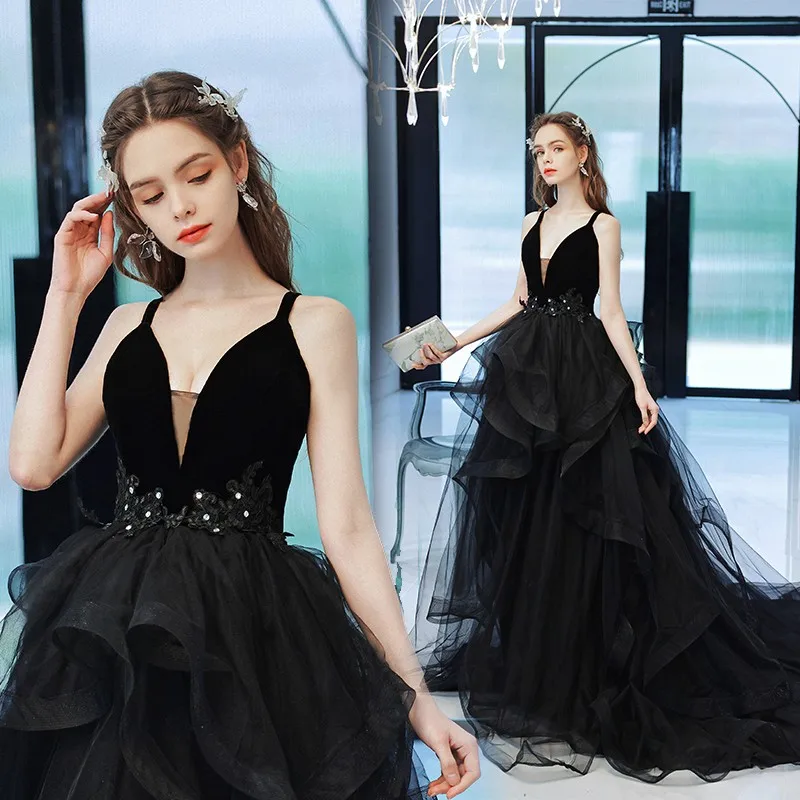 

Black Evening Dresses Sexy Deep V-neck Party Dress Elegant Spaghetti Strap A-line Prom Dress Plus Size Robe De Soiree 2023 New