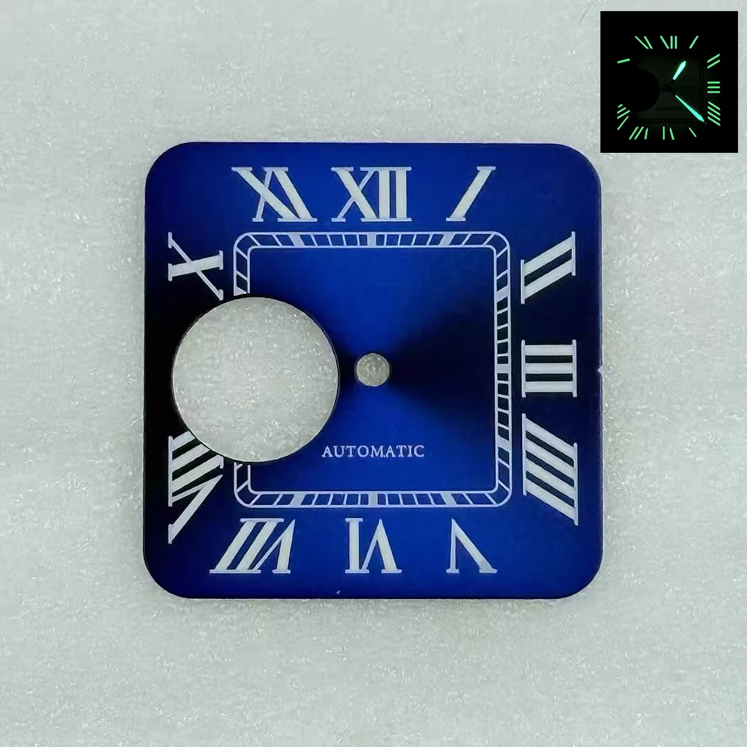 27mm No Logo Round Hollow Square Roman Numeral Green Lume Dial Suitable For Seiko Santos Cartier NH70/38 Movement Case Mod Parts