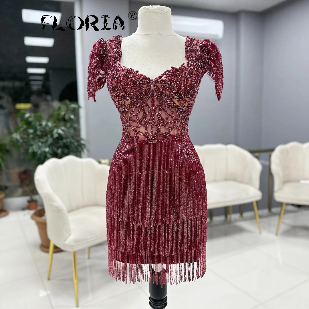 Burgundy Beaded Short Prom Dress with Short Sleeves 2025 Mini Graduation Homecoming Dresses Gown Cocktail Dresses Customized