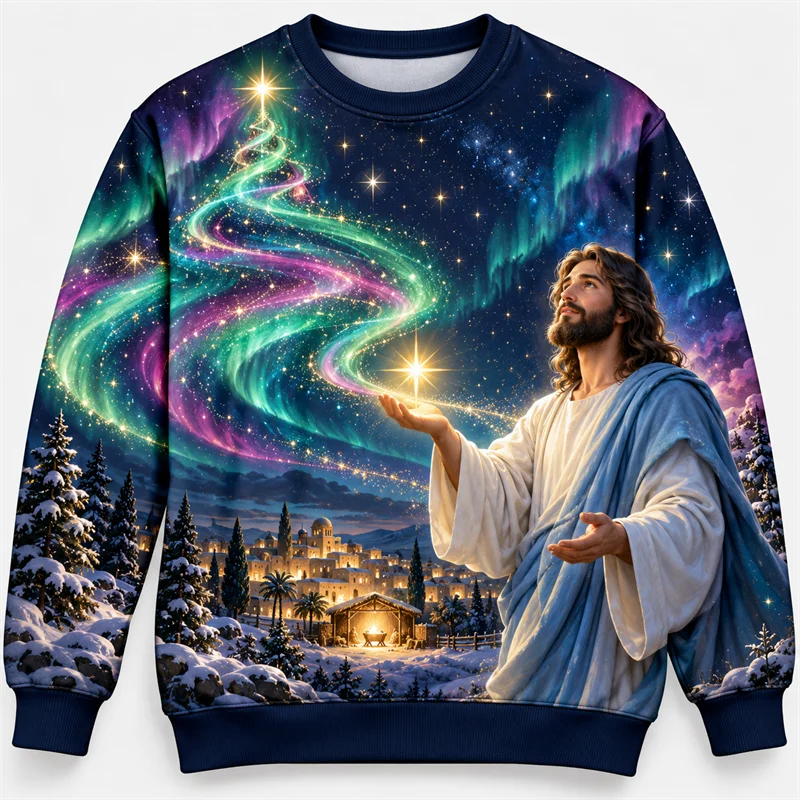 Jesus Christ Christmas Sweatshirt Men Nativity Star Holy Family Aurora Print Crewneck Long Sleeve Christian Holiday Pullover