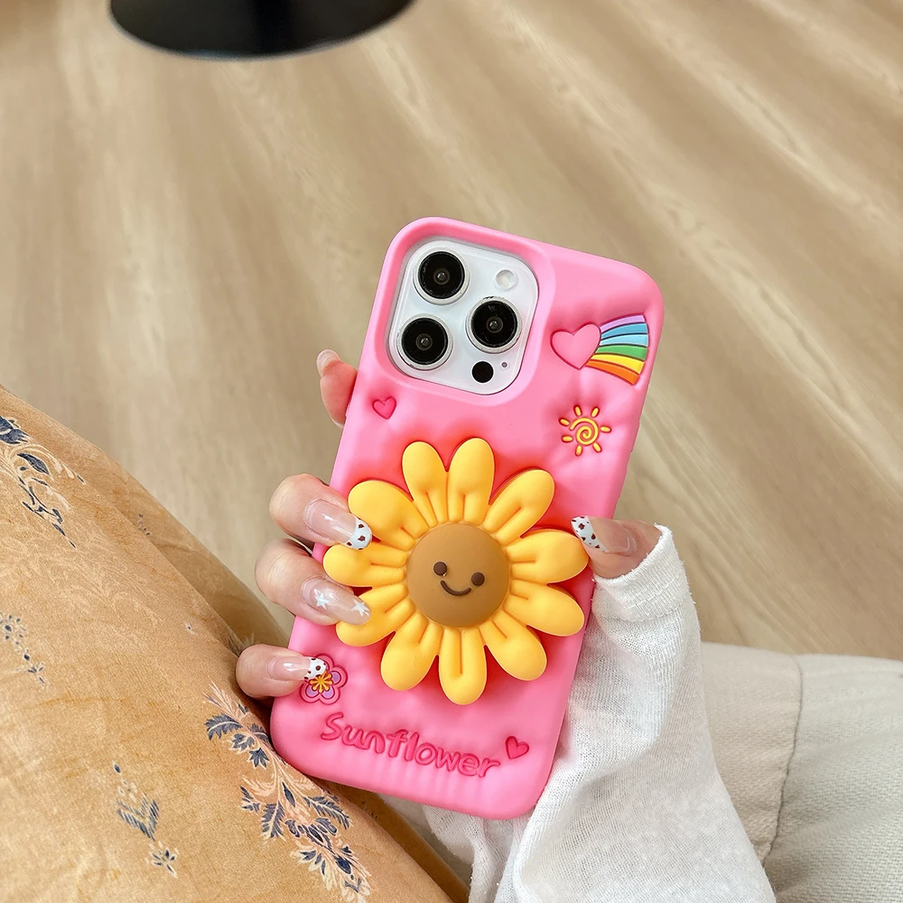 Niedliche Sonnenblumen-Teleskophalterungshülle, 3D-Blumenmuster, stoßfest, weiches Silikon, Ständerhalter-Abdeckung für iPhone 16, 15, 14, 13, 12 Pro Max – Detail 7