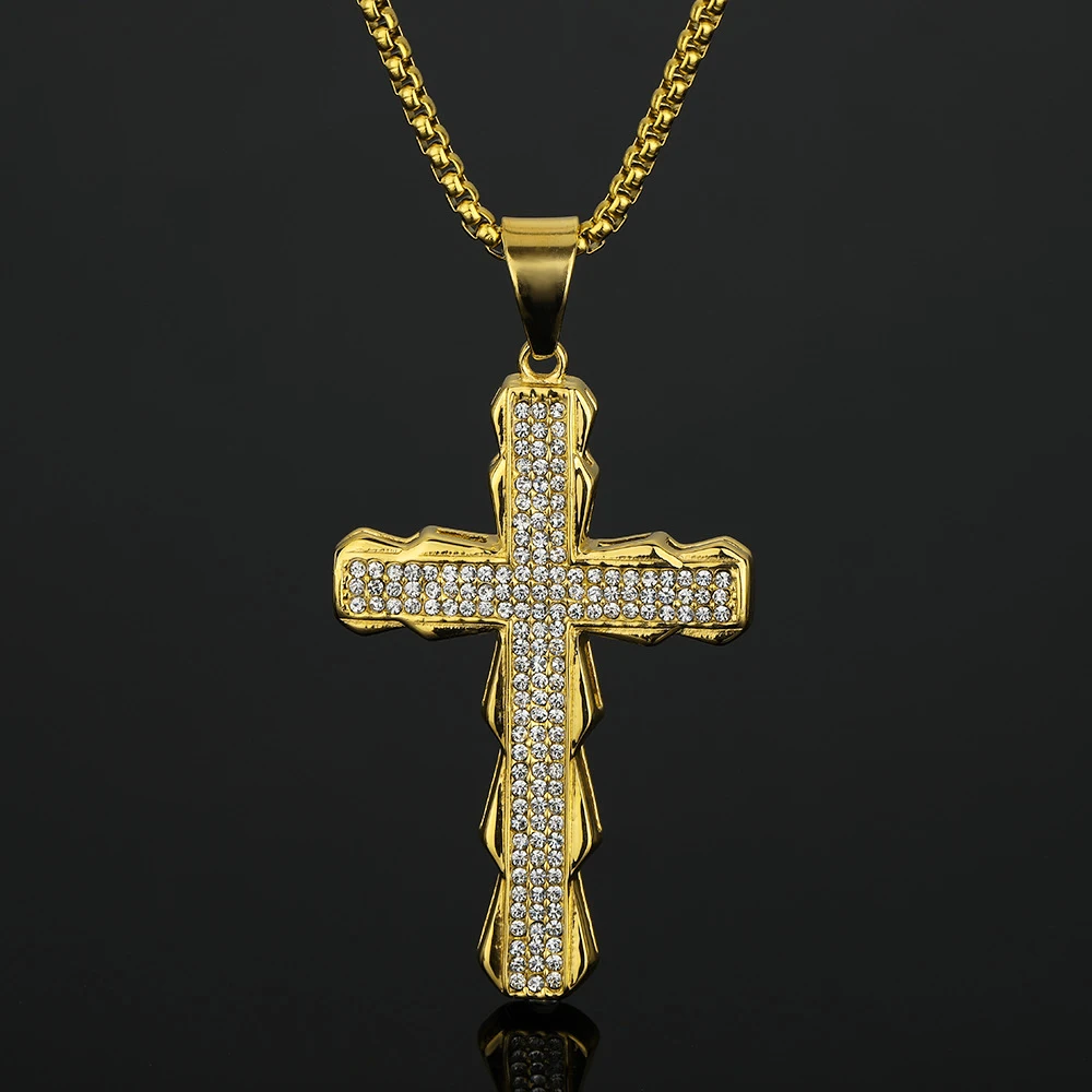 Religious Fashion Cross Iced Out Shiny Zirconia Pendant Men Gold Color Stainless Steel Christian Necklace for Women Jewelry Gift