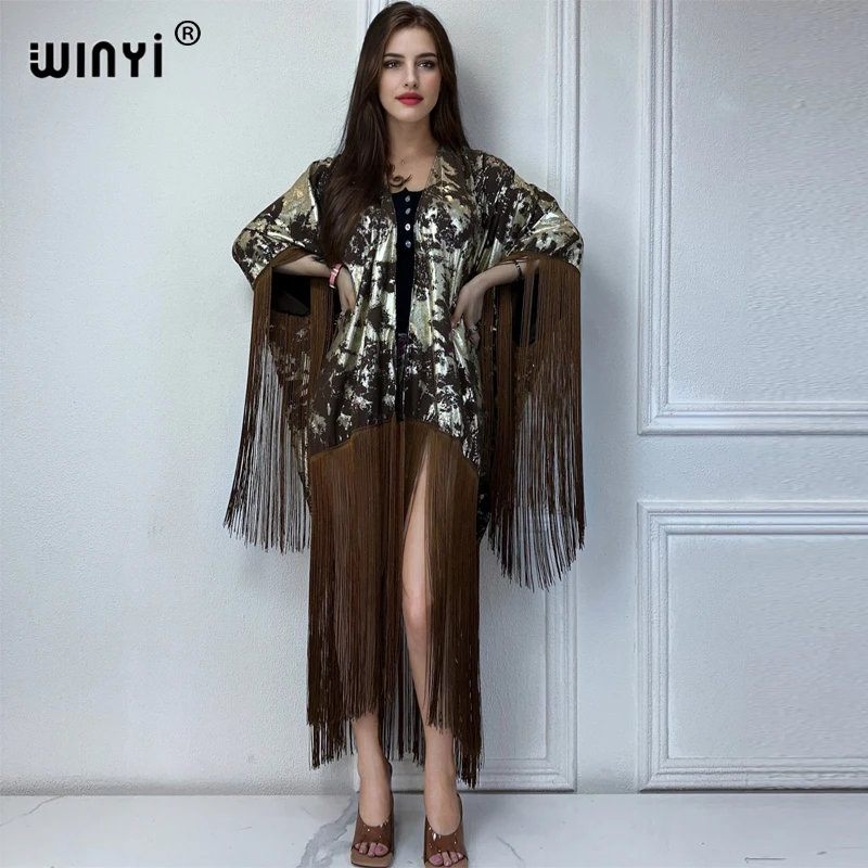 

WINYI kimono cover-ups summer boho print Bikini Cover-up Elegant fashion Cardigan sexy Holiday long Sleeve tassels maxi dress