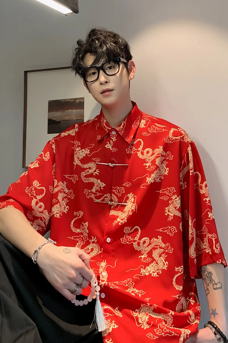 2024 Men Chinese Style Retro Tang Suit Rayon Print Dragon Suit Hanfu Men Oriental Clothing Black Short Sleeve Blouse Shirt