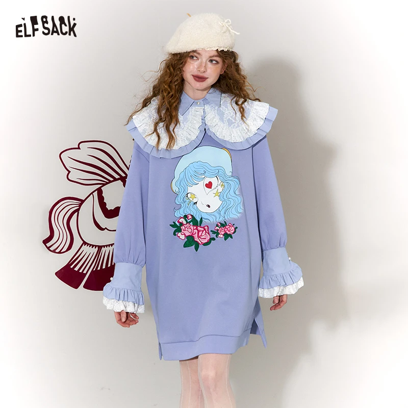 

ELFSACK Kawaii Ruffle Dress, Big Collar Anime Girl Print, Long Sleeve Dress for Women with Embroidery Lace Flutter