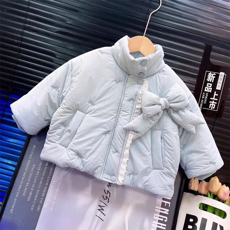 Girls' Bow Thickened Warm Coat 2026 Winter New Women's Treasure Elegant Lace Edge Clip Cotton Cotton Coat