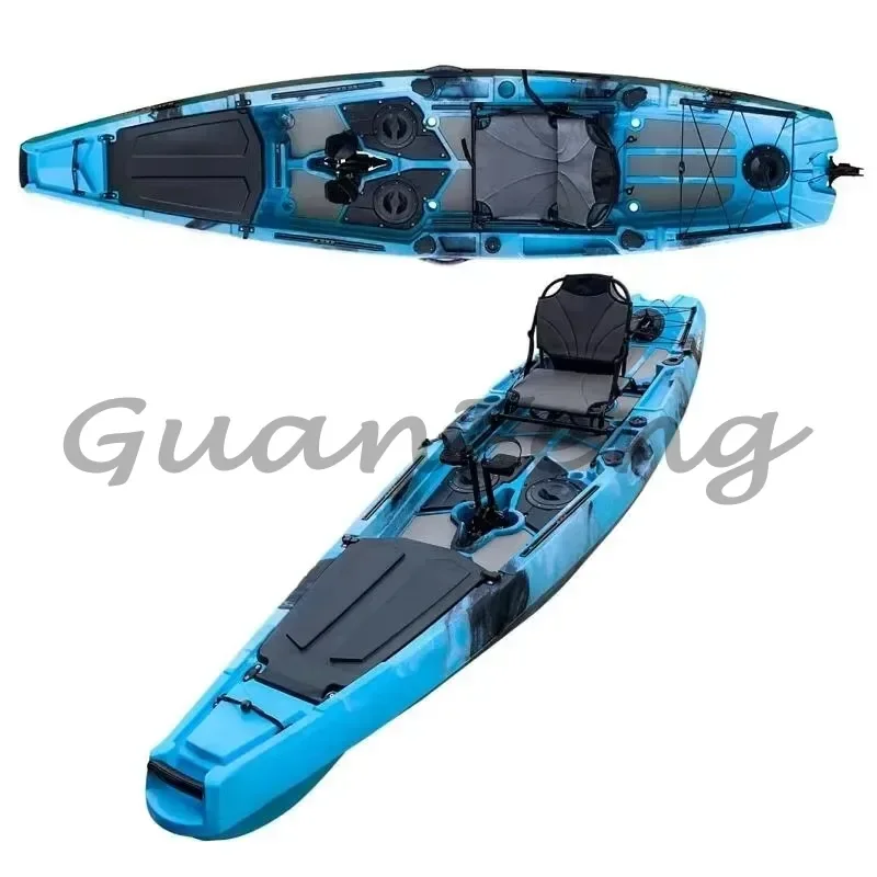 3.2m / 3.6m Blue Single-Person Pedal Kayak, LLDPE Material, One Person Pedal Kayak for Lake & River, Fishing and Surfing Use