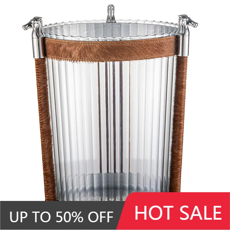 Luxury Trash Can Transparent Decorative Trash Bin Stainless Steel Leather Horsehair Litter Bins Living Room Room Office Dustbin