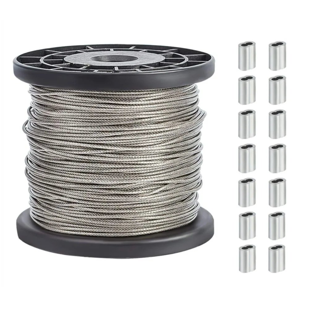 304 Stainless Steel Wire Cable, 328 Ft Length 1/16 Wire Rope with 50 Pcs Rectangle Aluminum Crimping Sleeves for Party Decro