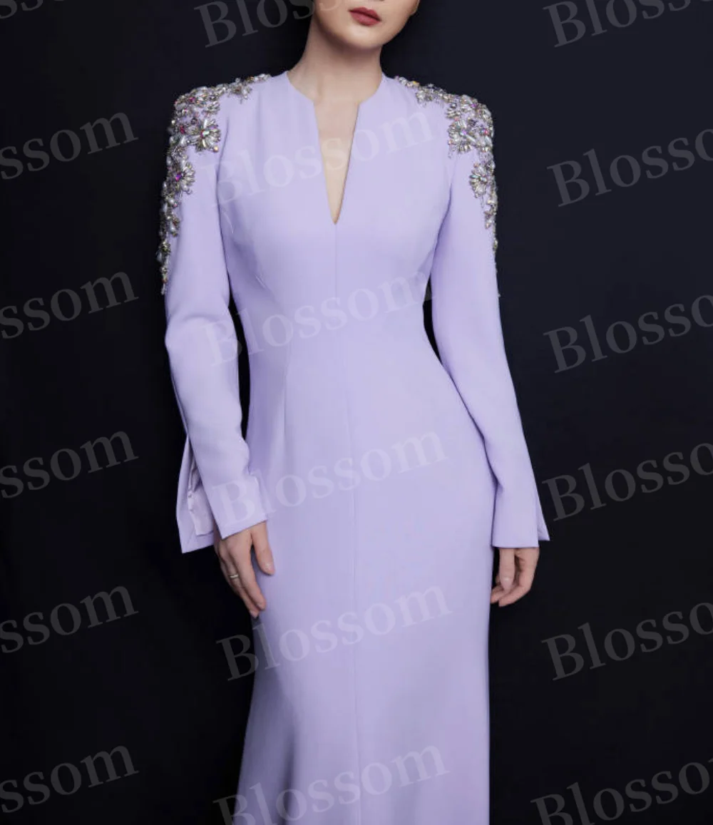 Lilac Rhinestone Beaded Prom Dresses Long Sleeves Floor-length V-neck Zipper-up Elegant Evening Dresses 2024 Formal Party Gown