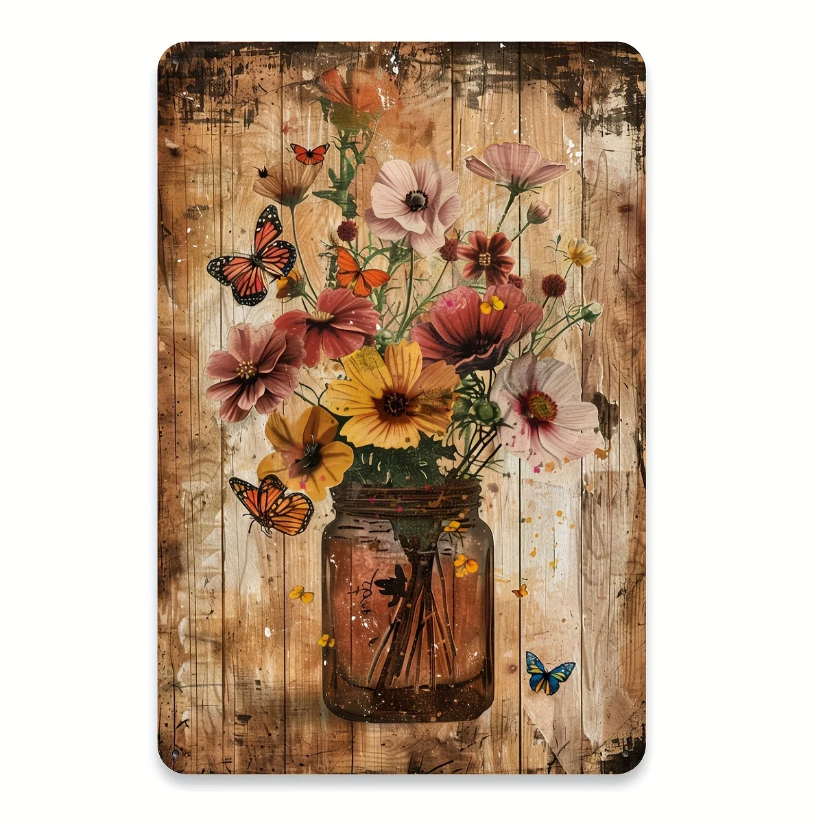 Pintura em Metal 2D: Letreiro Decorativo Metálico com Design Floral Vintage e Borboletas, Gravado em Chapa de Ferro para Casa, J