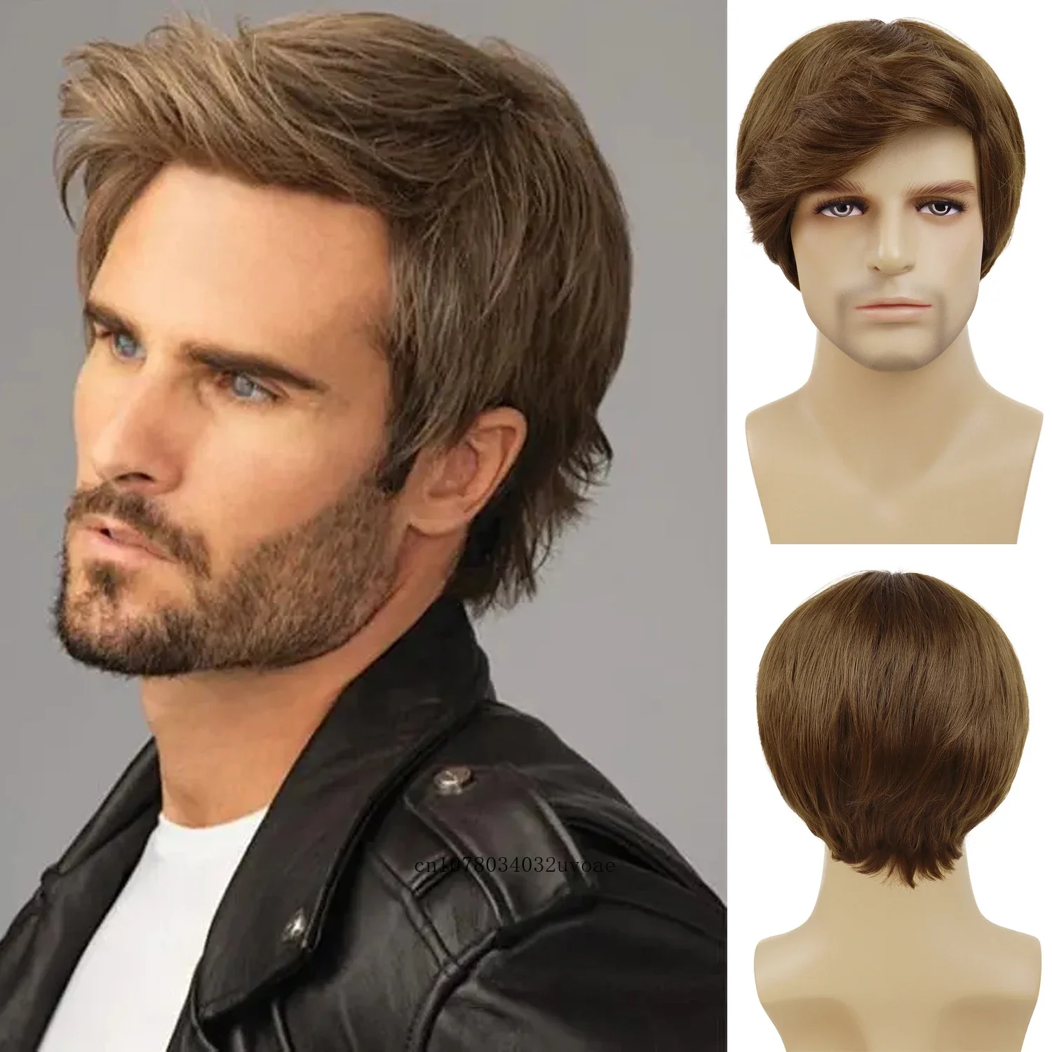 Synthetic Men Short Wigs Brown Hair Replacement Natural Wig with Bangs Costume Halloween Costume Party Clearance Sale Cheap Wig