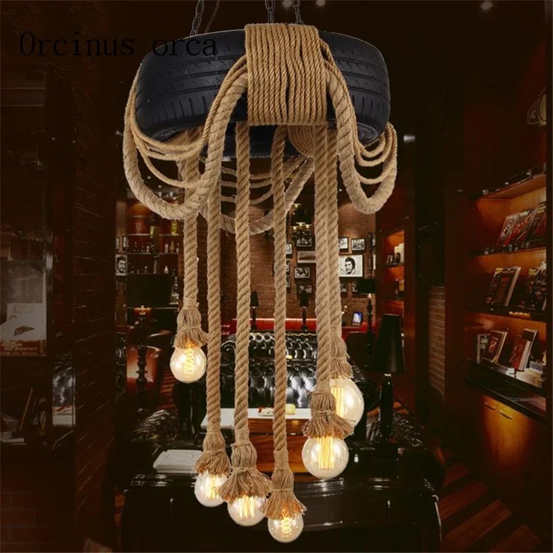 

Creative personality retro industrial hemp tire chandelier Bar Cafe Restaurant loft clothing store lighting lamps Postage free