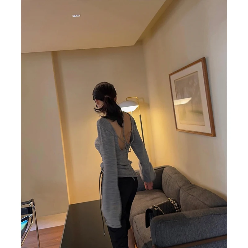 سترة نسائية مفرغة من MEXZT Y2K ملابس خروج مثيرة بدون ظهر وأربطة بلوفرات محبوكة Gyaru ملابس تريكو خريف الجرونج الكورية