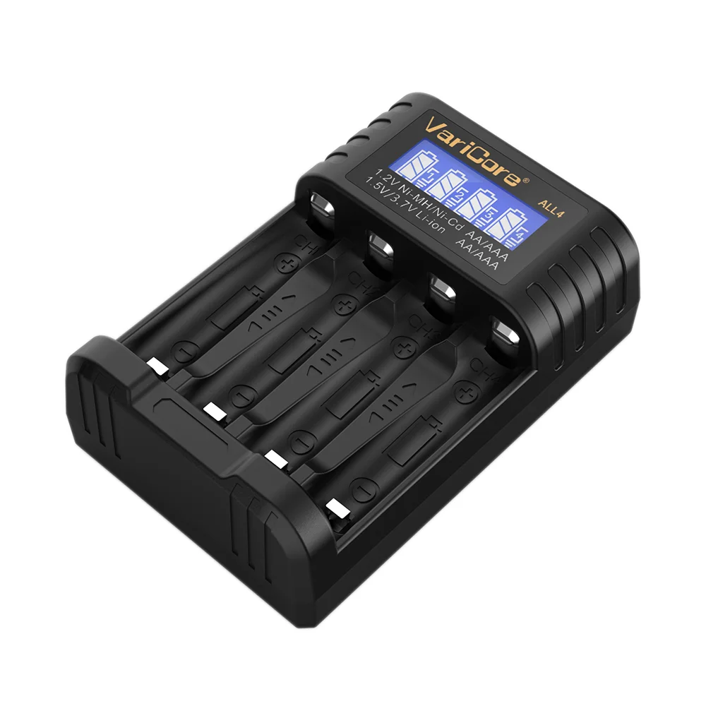 شاحن بطارية صغير مريح من VariCore ALL4 AA/AAA مكون من 4 فتحات لـ 1.2 فولت Hi-MH و1.5 فولت/3.7 فولت ليثيوم أيون مع شاشة LCD
