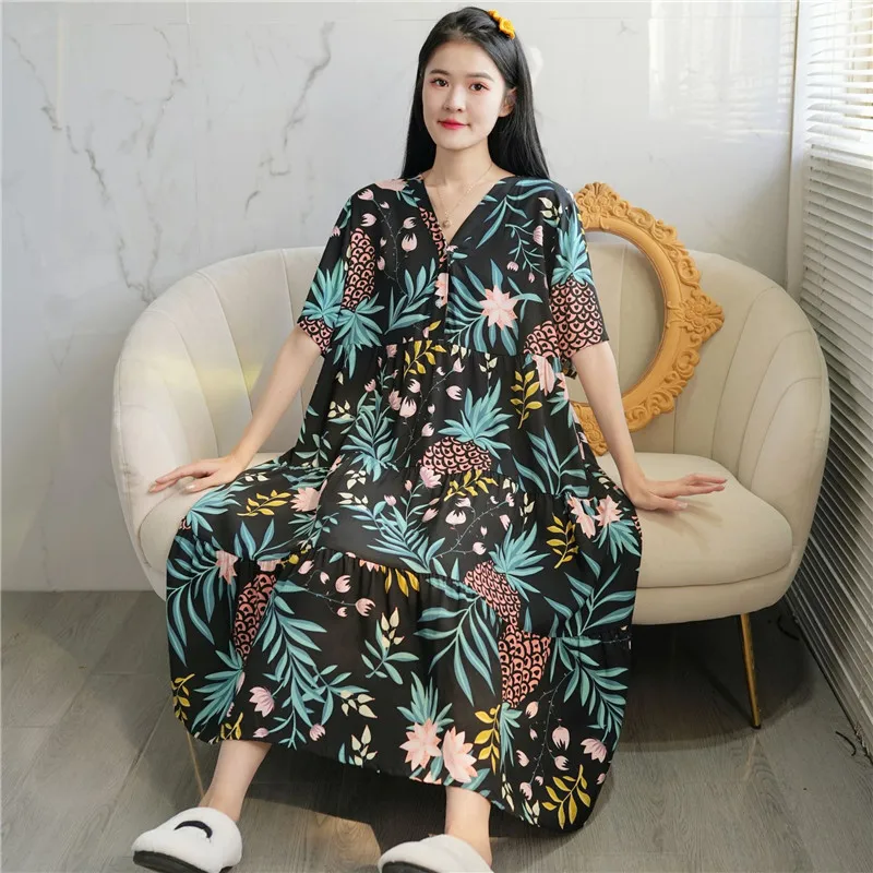 New Cotton Rayon Sleeping Dress Spring Summer Thin Outwear V-Neck Loose Large Size Long Dresses Home Wear Nightgowns Women