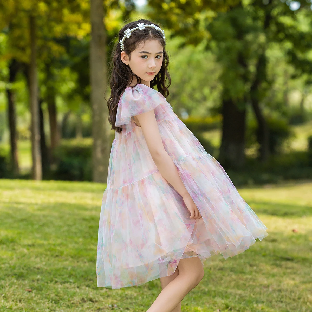 Sweet Kids Girl Summer Dress O-Neck Flying Sleeves Colorful Printed Tulle Vestidos Wedding Party Children\'s Dresses Outfit