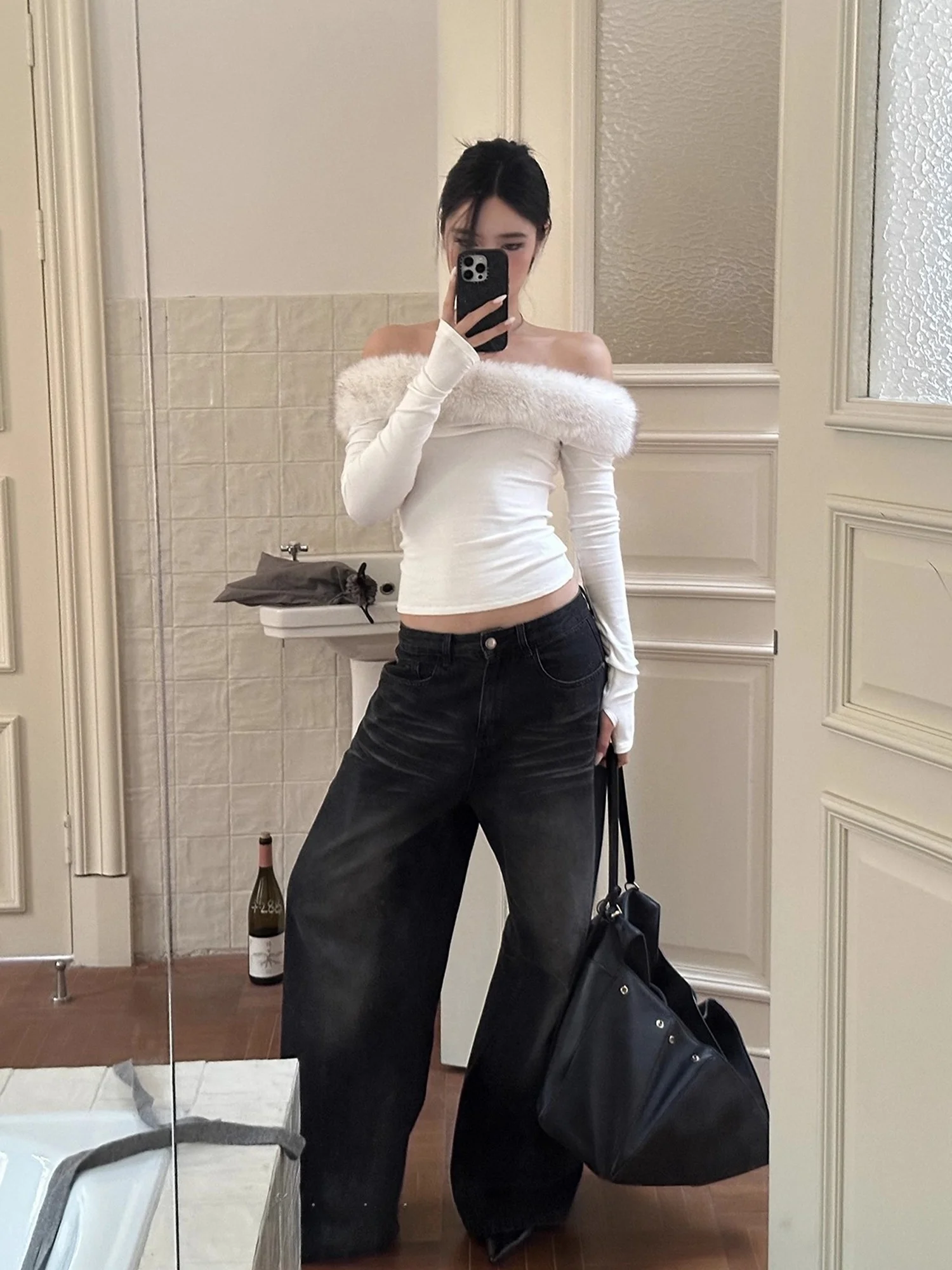 

MOXI Укороченный топ на одно плечо с воротником из искусственного меха, облегающий, с длинным рукавом, сексуальный, для модных женщин, китайское трикотажное изделие