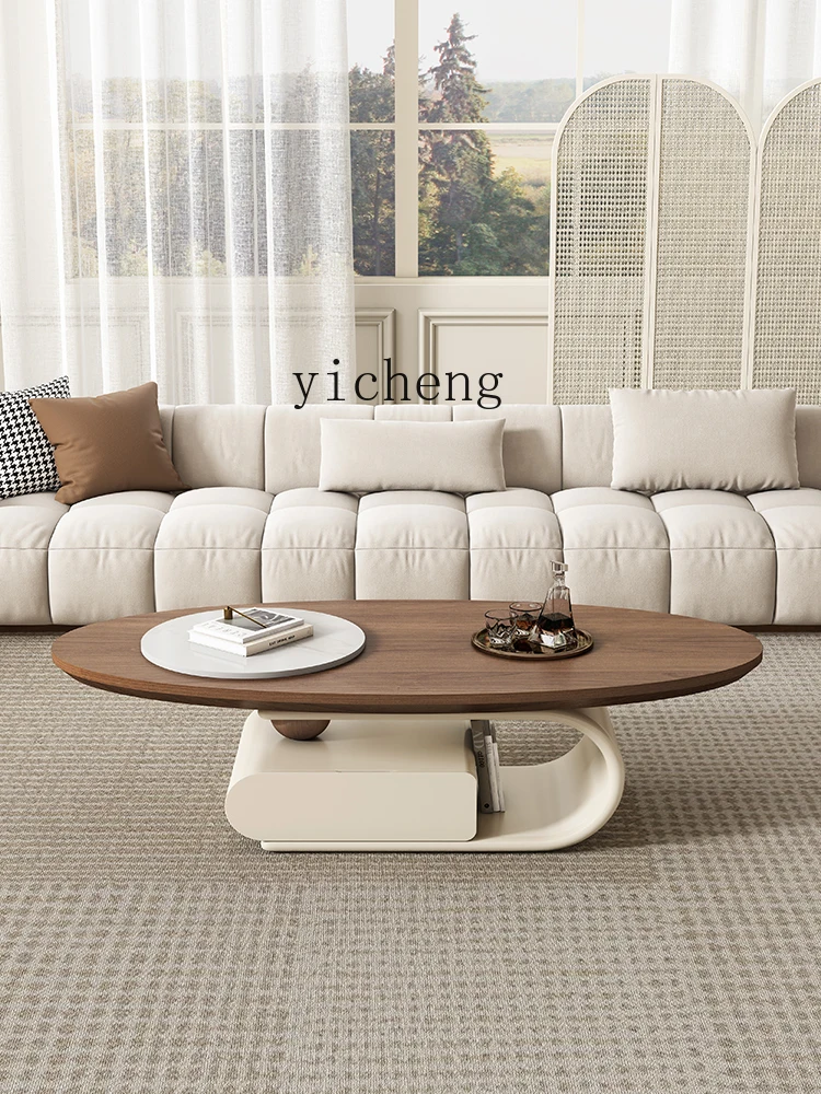 ZF New Chinese Style Tea Table Living Room Home Minimalist round Arc Edge Retro Walnut Color